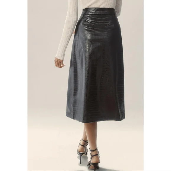 Anthropologie Mare Mare Black Faux Leather Button Front Midi Skirt - Picture 6 of 6
